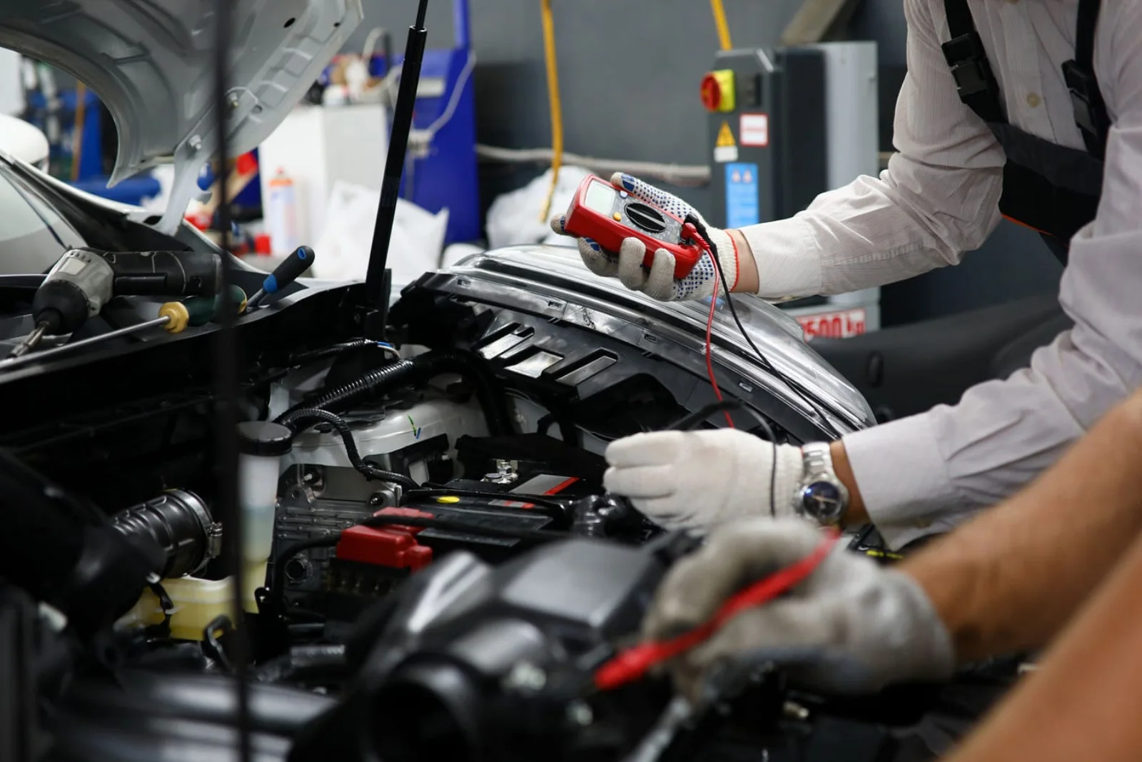 Automotive technician diagnosing a car electrical system with a digital multimeter