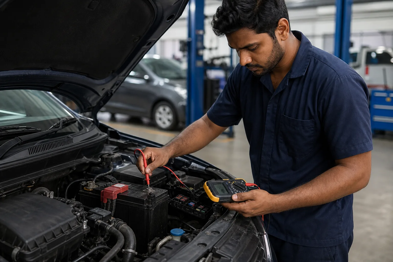 Technician testing a car battery and electrical circuit with a digital multimeter