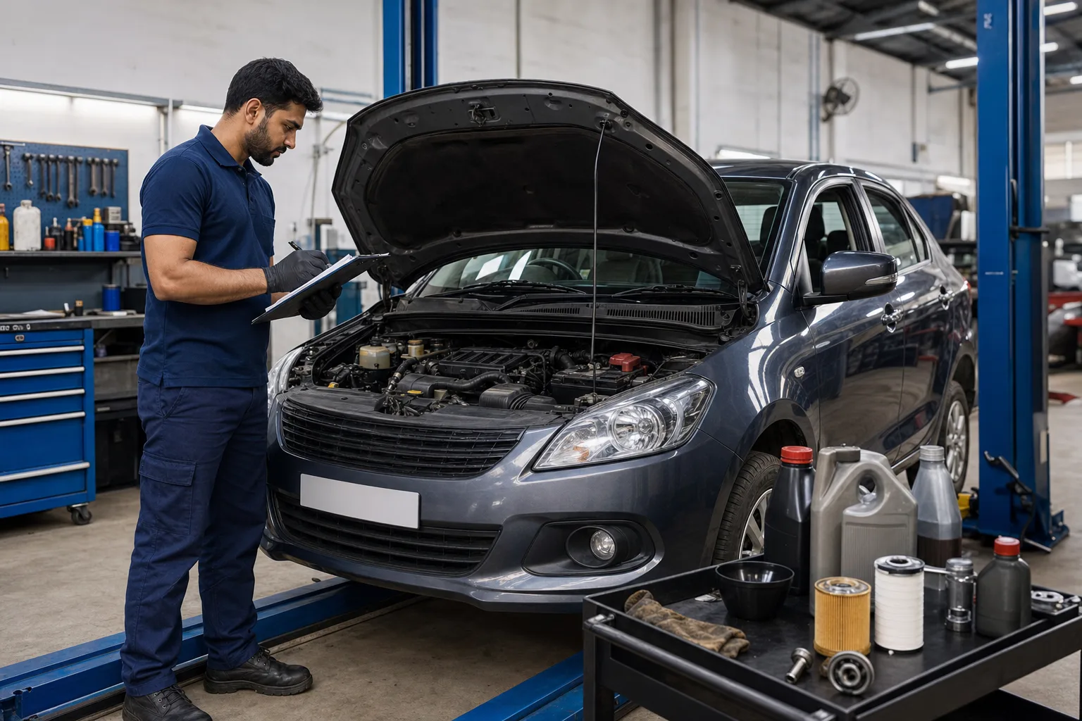 Technician inspecting a car during multibrand general service in Ambattur