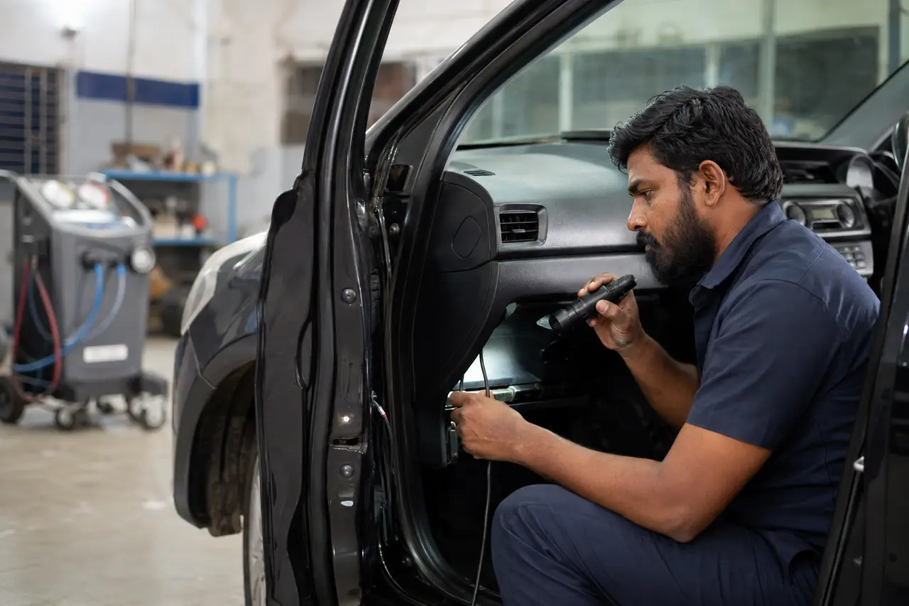 A technician crouches at an open car door, shining a torch behind the dashboard to inspect wiring, with an air-conditioning recovery machine standing in the workshop behind.