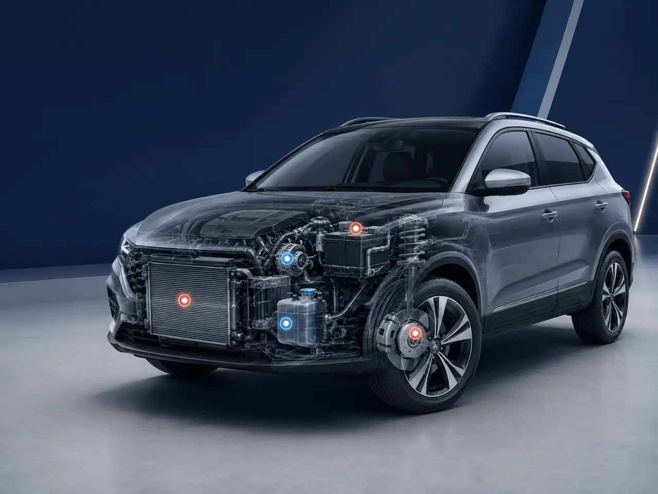 Cutaway illustration of an SUV showing the air-conditioning condenser, compressor, battery, coolant reservoir and front brake disc highlighted inside the body.