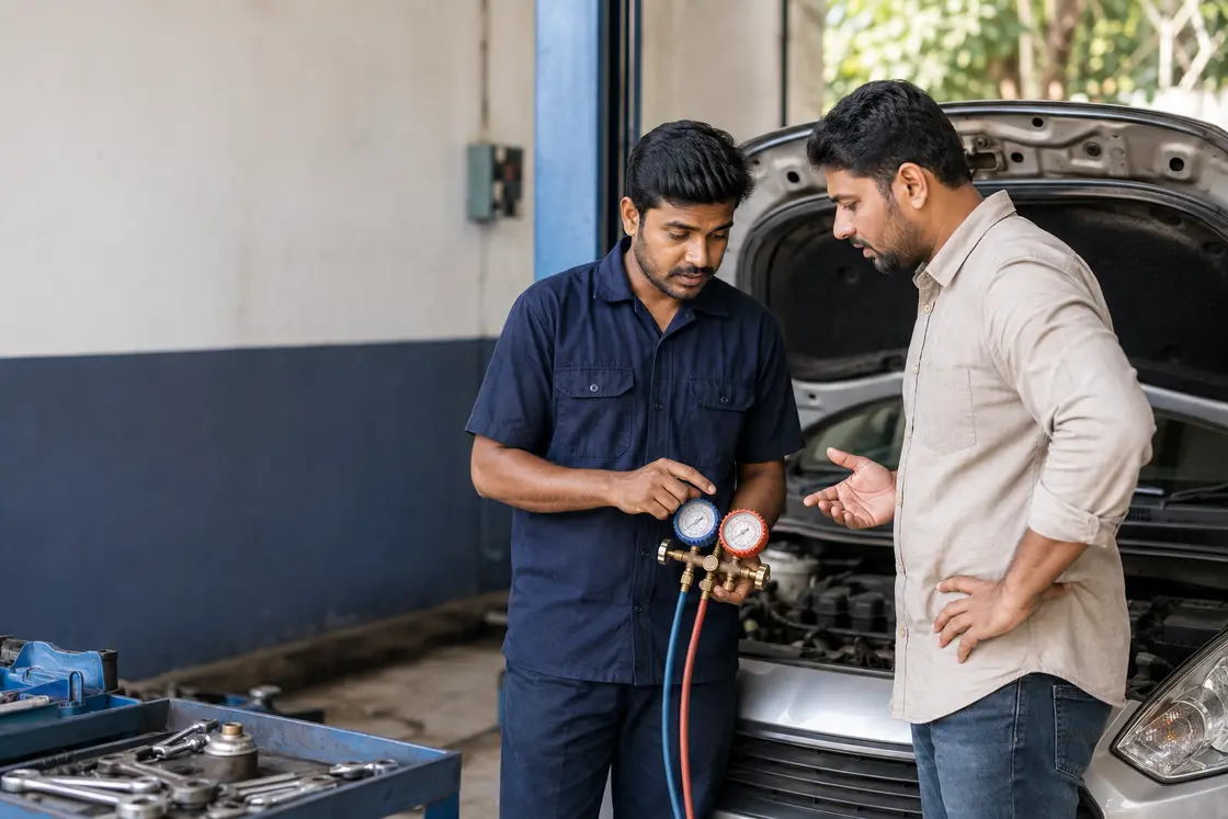 A technician in workshop overalls holds an air-conditioning manifold gauge set and talks a customer through the readings beside a car with its bonnet open.