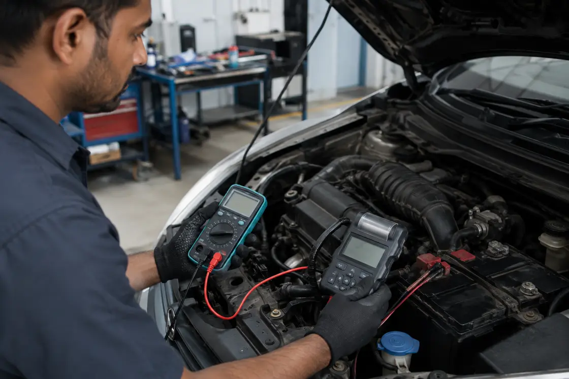 Close-up of gloved hands holding a multimeter probe and a handheld scan tool over a car battery in an engine bay.