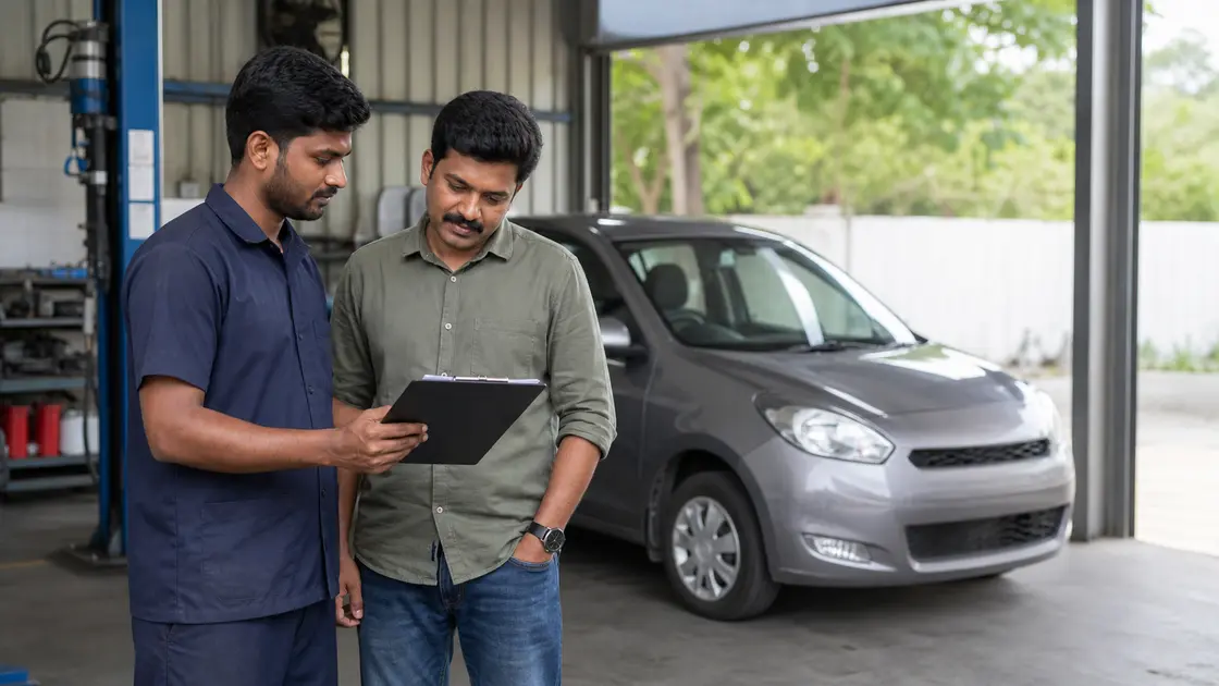 A technician holding a clipboard goes through an inspection checklist with a customer next to a silver hatchback inside a workshop bay.