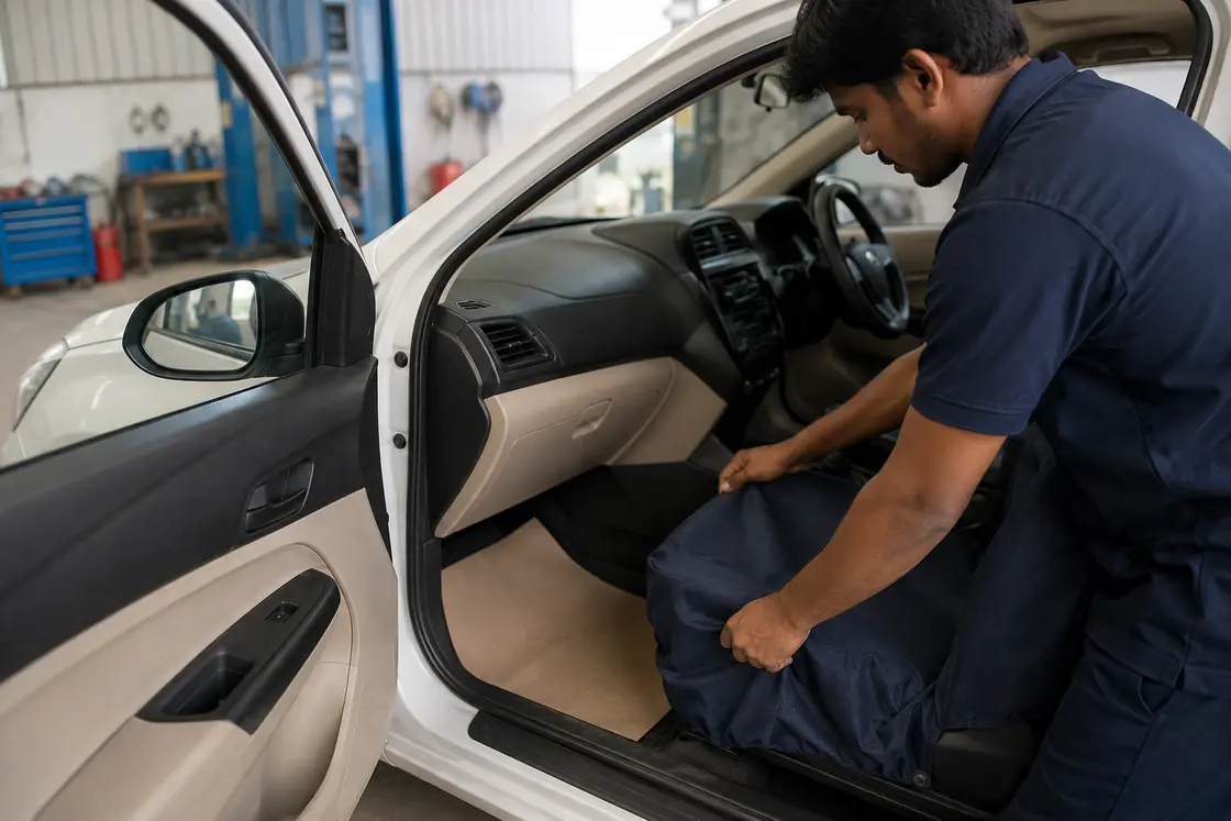 A technician lays a protective fabric cover over the driver’s seat of a car before starting work inside the cabin.