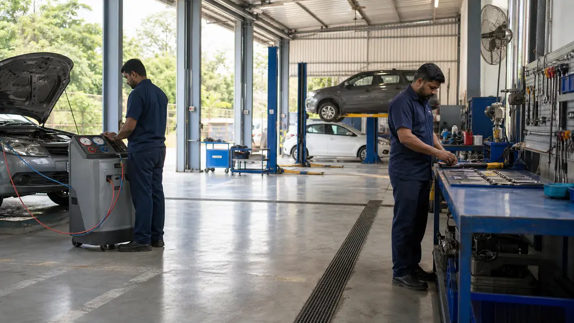 Wide view of a service workshop with two bays, a car raised on a lift, a technician working at an air-conditioning recovery machine and another at a parts bench.