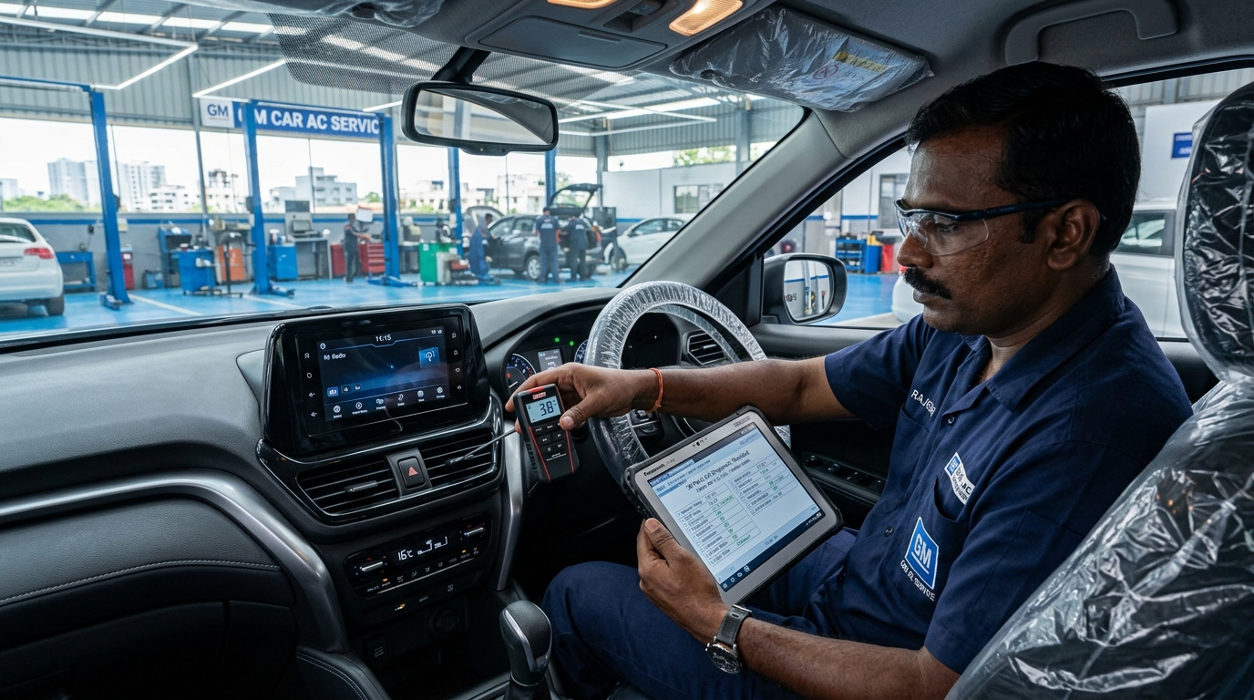 Technician measuring sub-4°C car AC vent temperature with digital diagnostic tablet